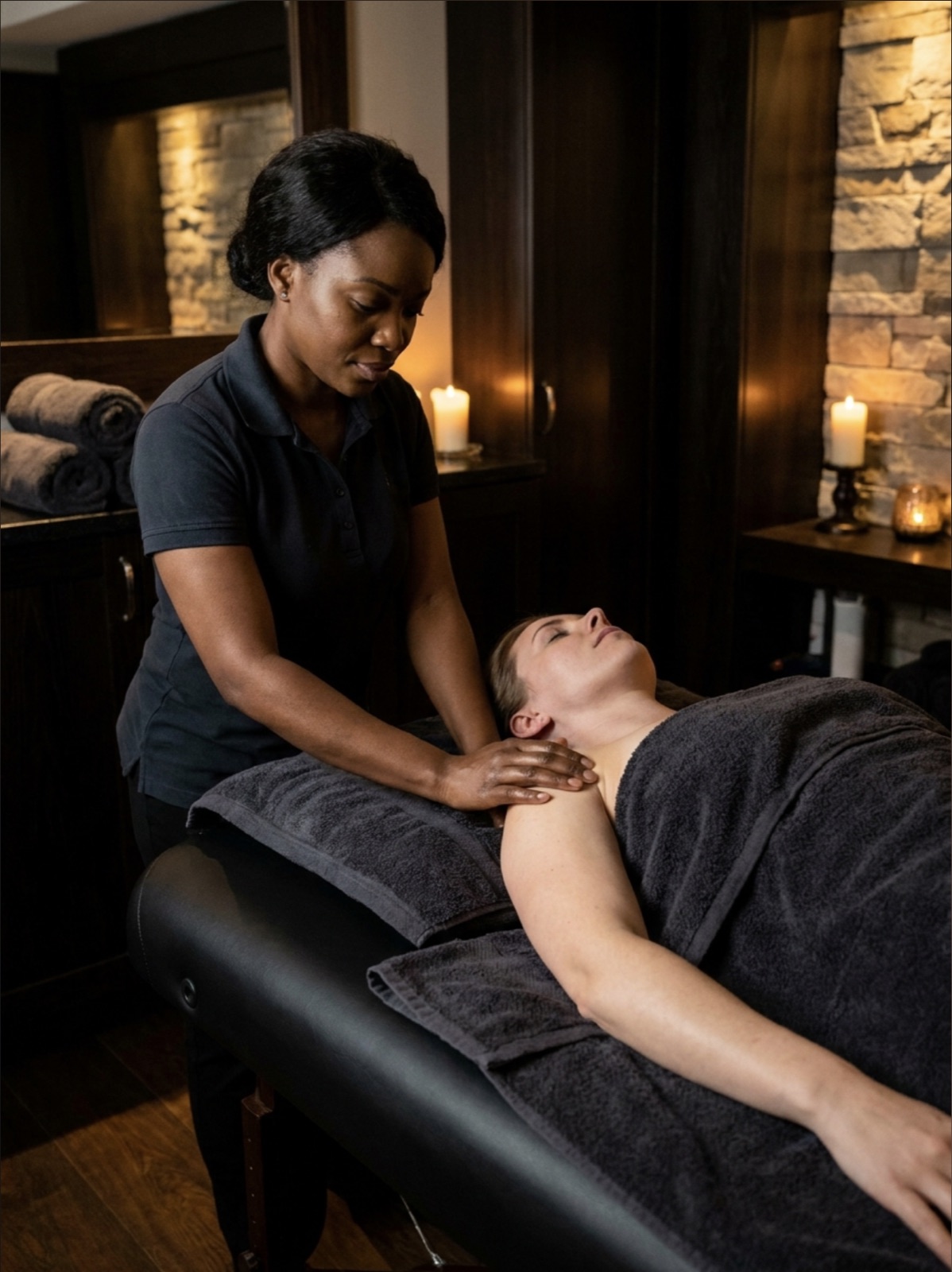 Therapist massaging a client's shoulder in a candlelit treatment room