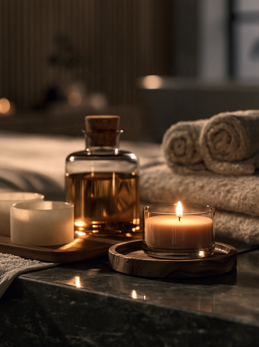 Massage oil, candles and rolled towels on a stone counter